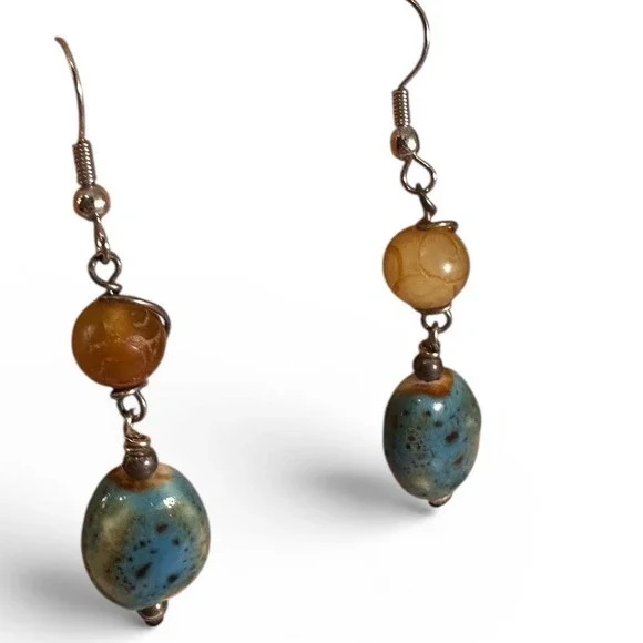 Unbranded Drop Earrings Womens OS Teal Amber Good‎ Ceramic Stone Boho Artisanal