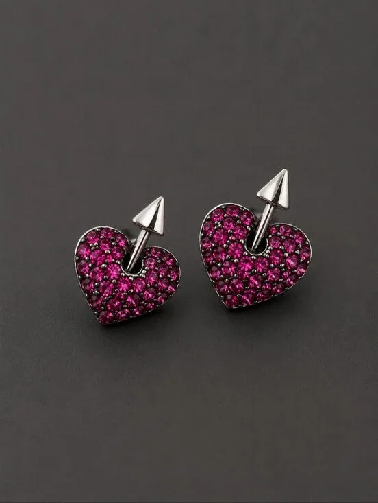 BETSEY JOHNSON Fuscia Paved Crystal Heart Arrow Stud Earrings