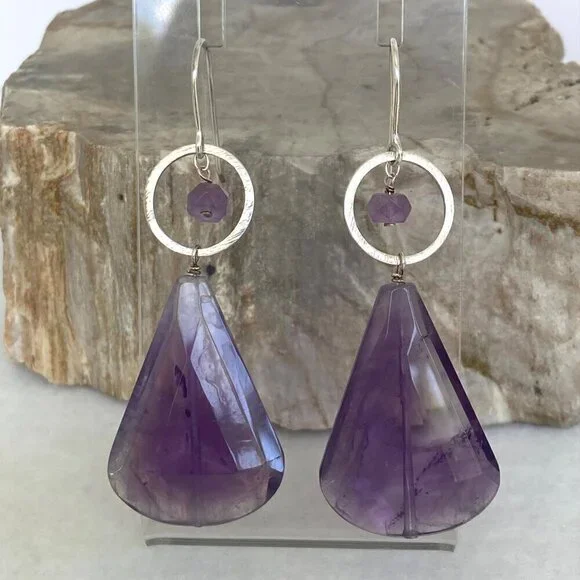 Deb Guyot Sterling Silver 925 Chunky Faceted Teardrop Amethyst Dangle Earrings