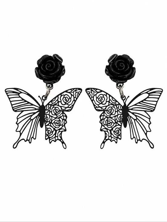 Vintage 1980s Black Rose Delicate Butterfly Goth Clip-on Earrings