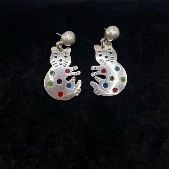 Vintage Mexico 925 Sterling Silver Cat Earrings Enamel