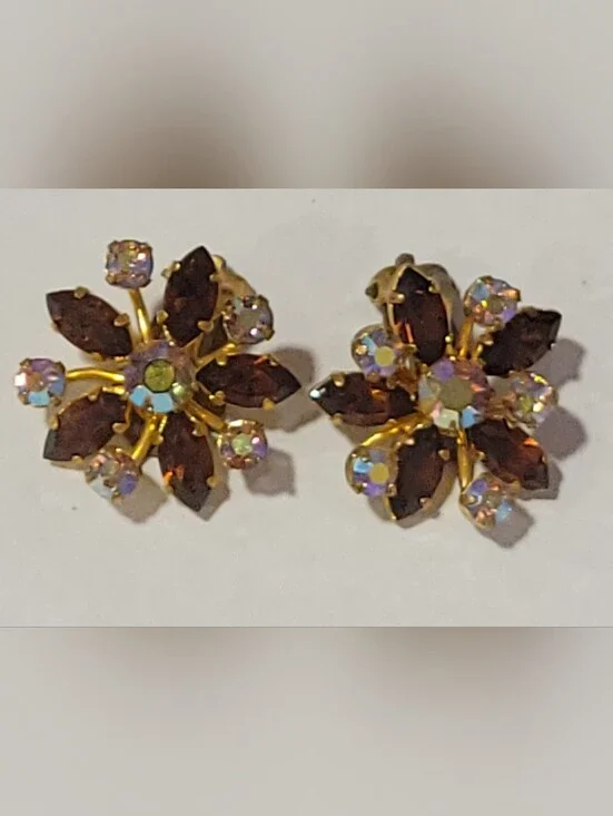 Gold-Tone Brown Crystal Floral Clip Earrings