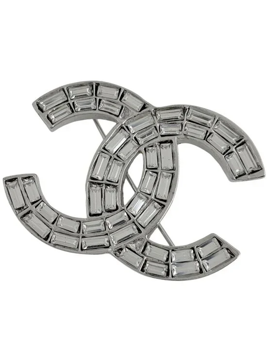 Chanel Brooch CC Logo Silver Plated Rhinestone