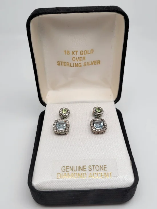 18k Gold Over Sterling Silver Blue Topaz and Peridot Drop Earrings
