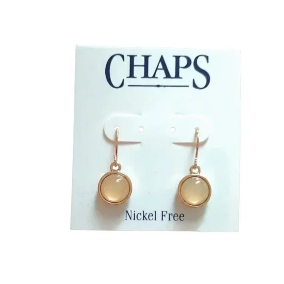 Chaps Dangle Drop Gold Earrings with Ivory Colored Button Stones