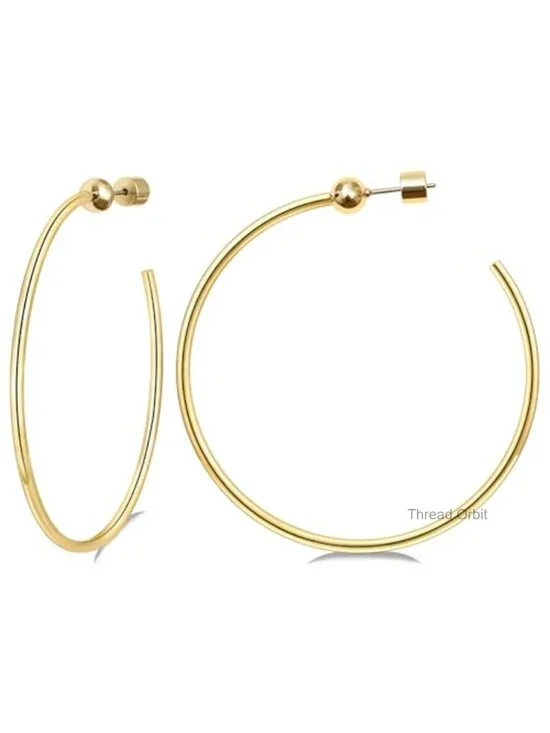 Large Gold Hoop Earrings 2mm Thick Hypoallergenic Screw Back