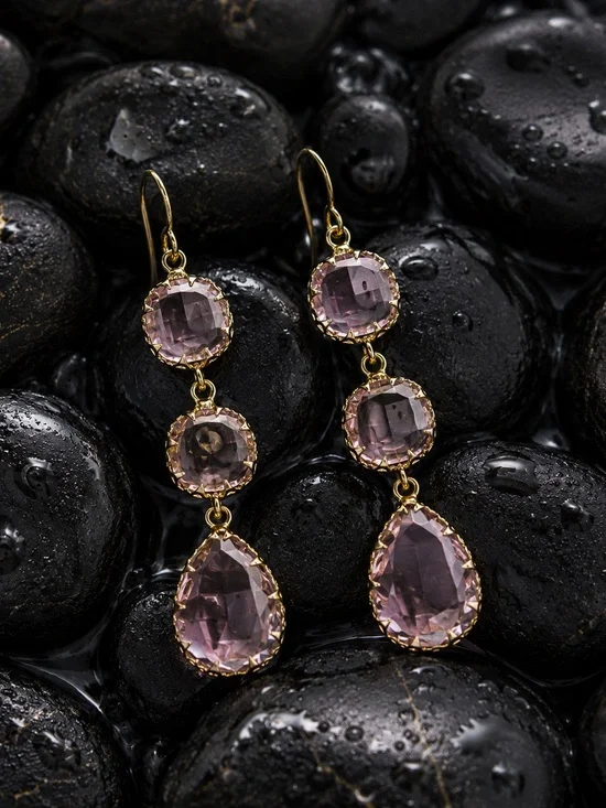 Gold Drop Earrings with Pink Gemstones