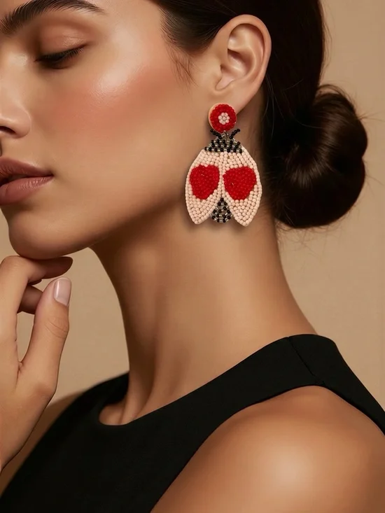 Women’s Handcrafted Red & Cream Beaded Statement Lovebug Earrings EUC