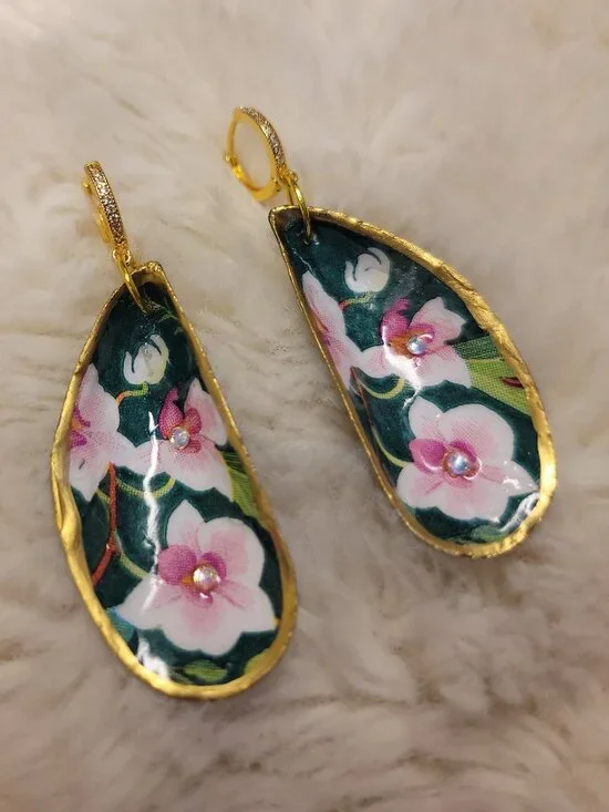 Handmade Green & Pink Mussel Shell Earrings