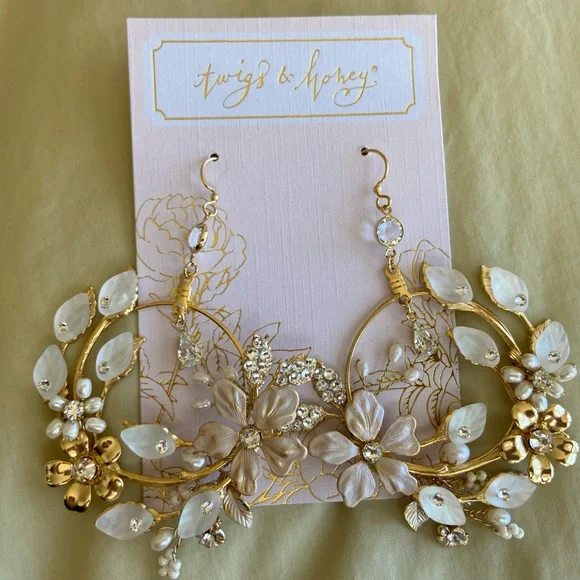David's Bridal Gold Floral Hoop Earrings with Pearl Accents