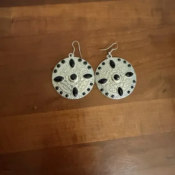 Silver Tone Metal Black Beaded Embossed Disk Dangle Earrings