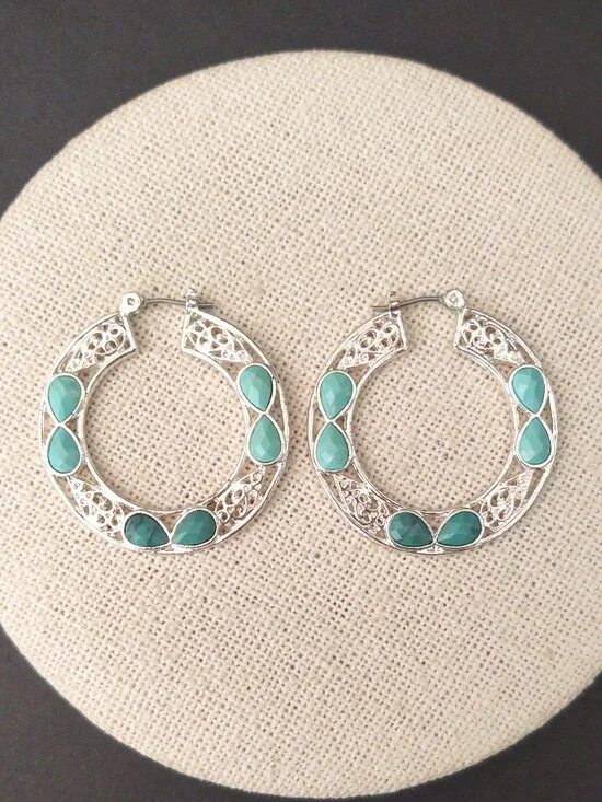 Silver open work hoops with green and blue beads