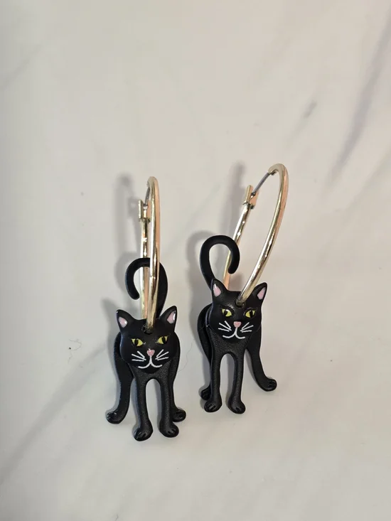Black Cat Hoop Earrings - Playful Black Cat Design
