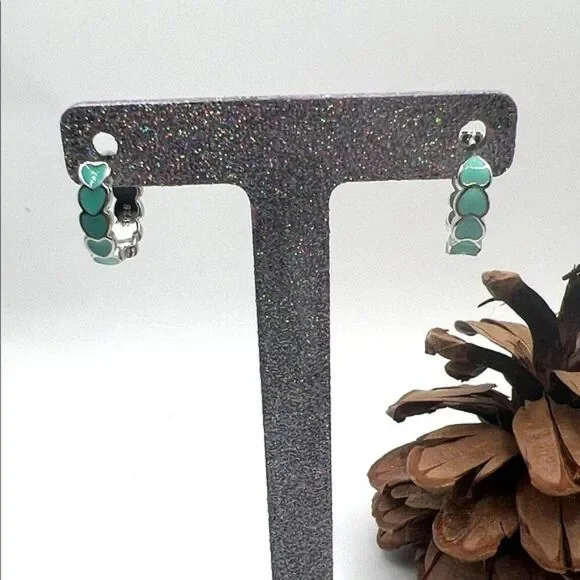 Silver and Green Heart Hoop Earrings - New - S925