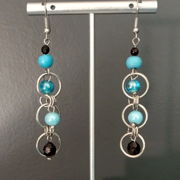 Blue and black silver dangle earrings