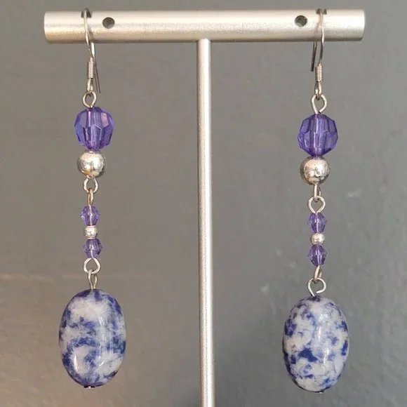 Blue mottled stone, bead & silver dangle earrings