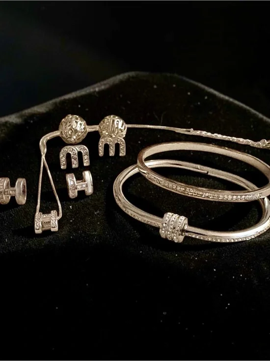 Silver-Tone Crystal Accent.              2 Bracelets, 2 Earring Set and Necklace