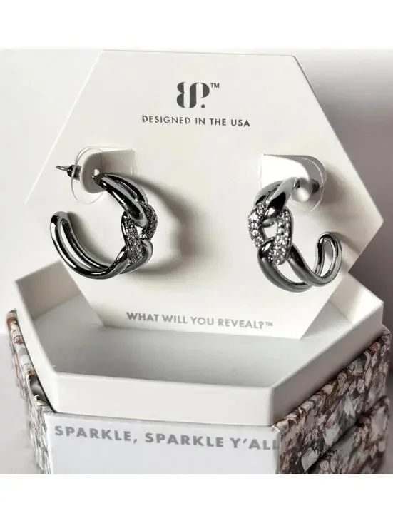 Bomb Party April Hoop Earrings “We Love The Details” Clear CZ on Hematite