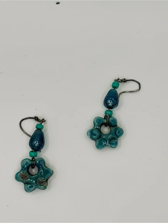 Handmade Turquoise Ceramic Flower Drop Earrings - Women Jewelry