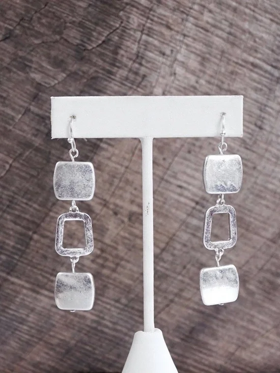 Boho Square Dangle Earrings – Worn Silver Tone