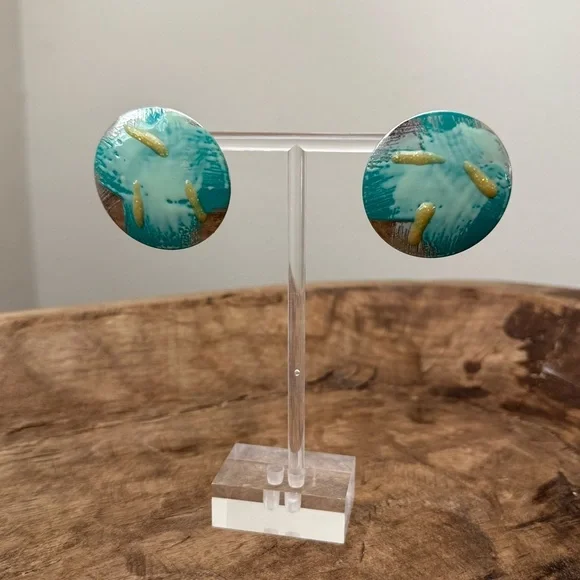 Brush Paint Style Silver Tone Earrings - Turquoise and Yellow