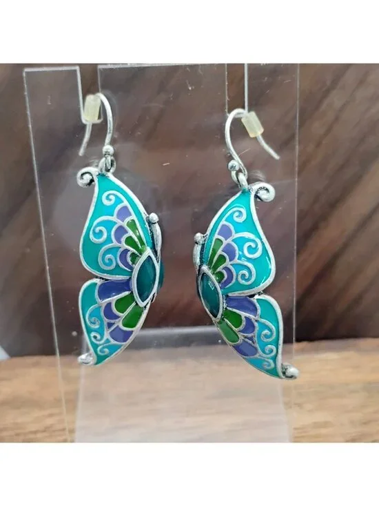 Double Sided Enamel Butterfly Wing Earrings Blue Purple Green Silver 1.5