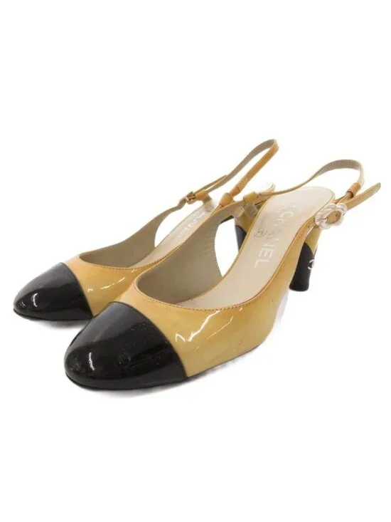 Chanel Sling Back Pumps Mules CC Logo Bicolor 36.5 Yellow Black Heel