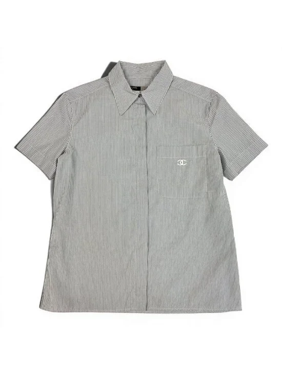 Chanel CC Logo Short Sleeve Striped Shirt 38 Gray White Cotton