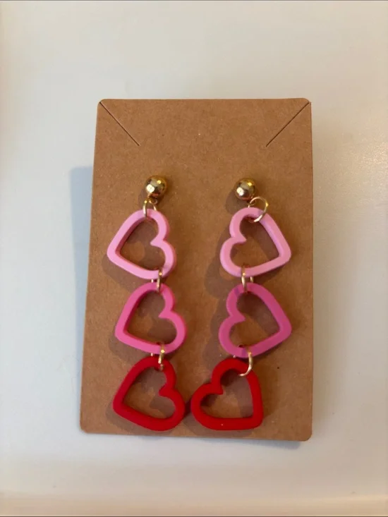 Fashion Jewelry Red, Pink & Light Pink Triple Heart Drop Earrings