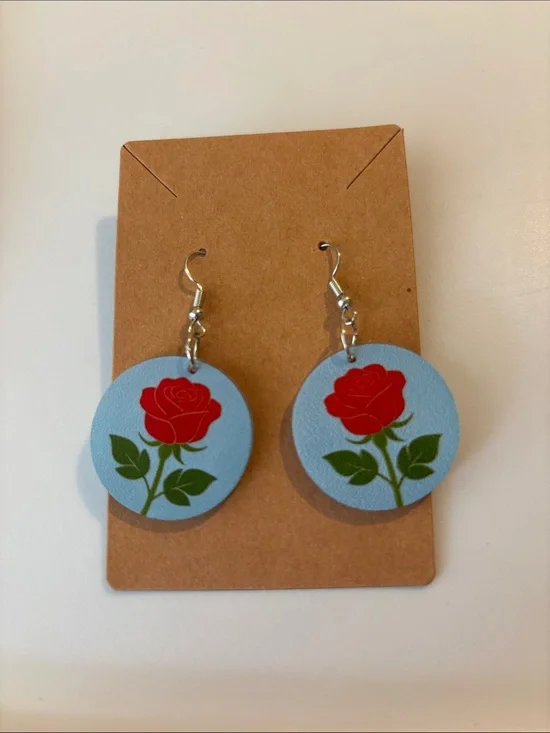 Fashion Jewelry Red Rose Earrings on Light Blue Discs