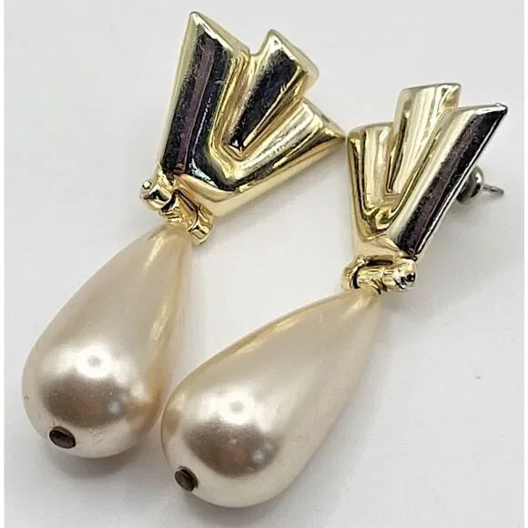 Vintage 80s Drop Earrings Gold-Tone Geometric Faux Pearl Teardrop Dangles 1.75in