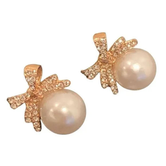 Nina Bridal Faux Pearl & Bow Earrings - Gold Tone with Pavé, Bridesmaids