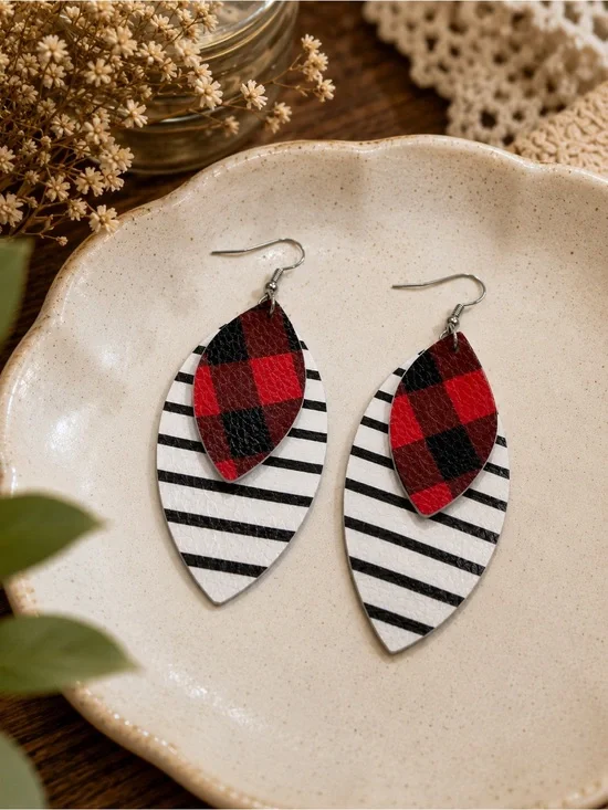 Striped White & Red Buffalo Plaid Layered Leather Earrings