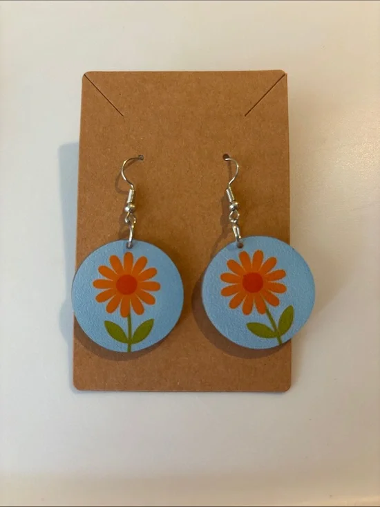 Fashion Jewelry Blue Floral Dangle Earrings with Orange Flowers