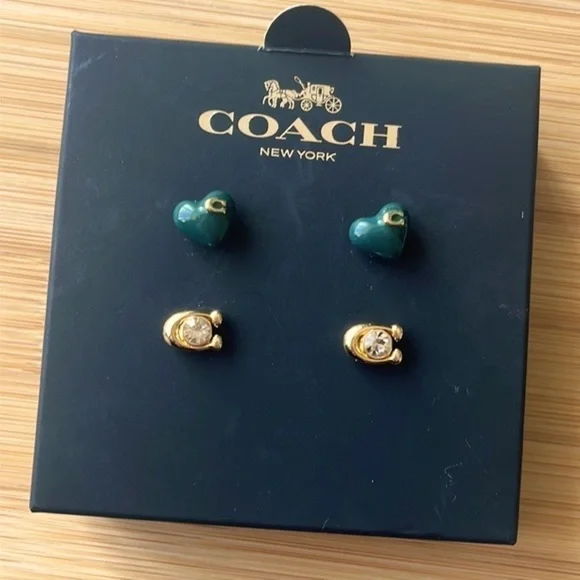 Brand New Coach Set of Two Post Earrings Heart Gold Tone Signature “C”