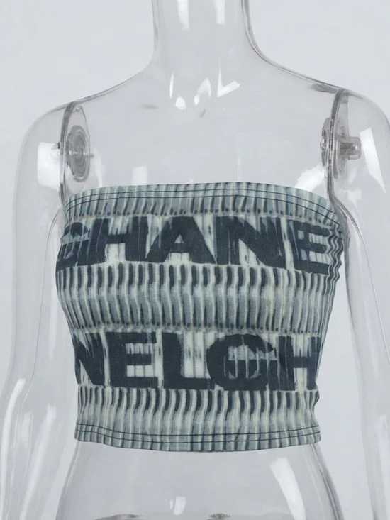 Zara Graphic Print Denim Bandeau Crop Top