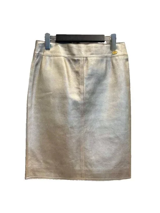 Chanel Leather Skirt Tight Lambskin Knee Length 38 Gold