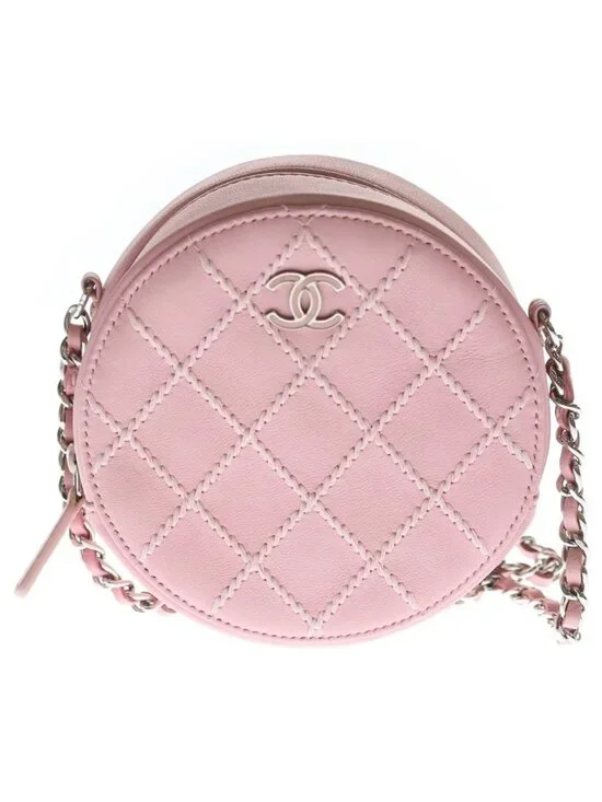 Chanel Quilted Mini Round Chain Shoulder Ultra Stitch Silver Lambskin Pink