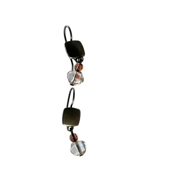 Vintage Drop‎ Earrings Brown Glass Bead Mixed Metal Geometric Boho