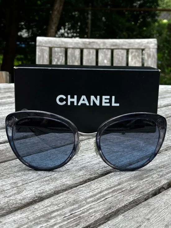 💯 Authentic CHANEL Camouflage Blue Tinted Cat Eye Sunglasses