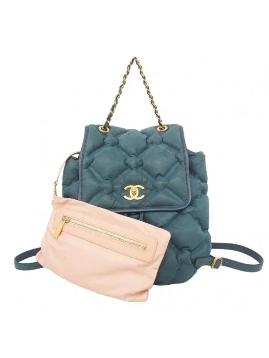 Chanel Backpack Bubble Quilt Leather Blue Gold