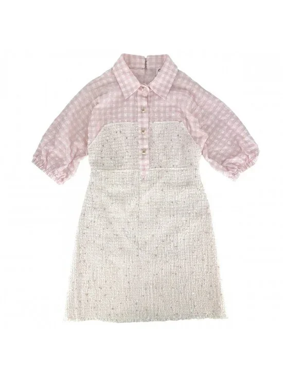 Chanel Dress Tweed Check Coco Button Sequin 38 Pink White Spring Summer Autumn