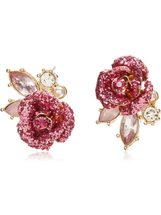 Betsey Johnson Pink Glitter Rose Mismatch Stud Earrings