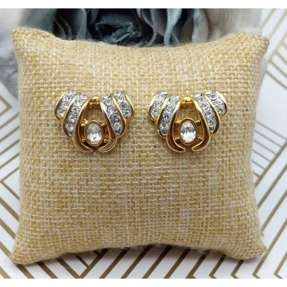 Fancy Gold Tone Pierced Statement Earrings Crystal Accents Pretty 1