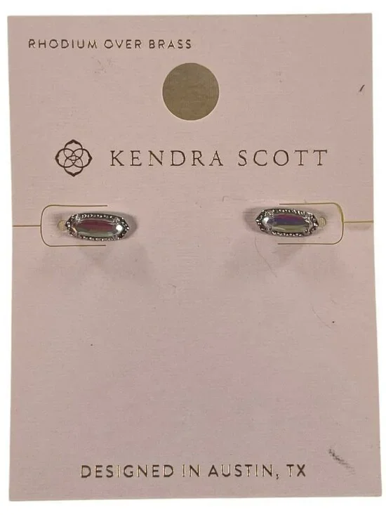 Kendra Scott Oval Stud Earrings Rhodium Over Brass With Iridescent Stone NEW
