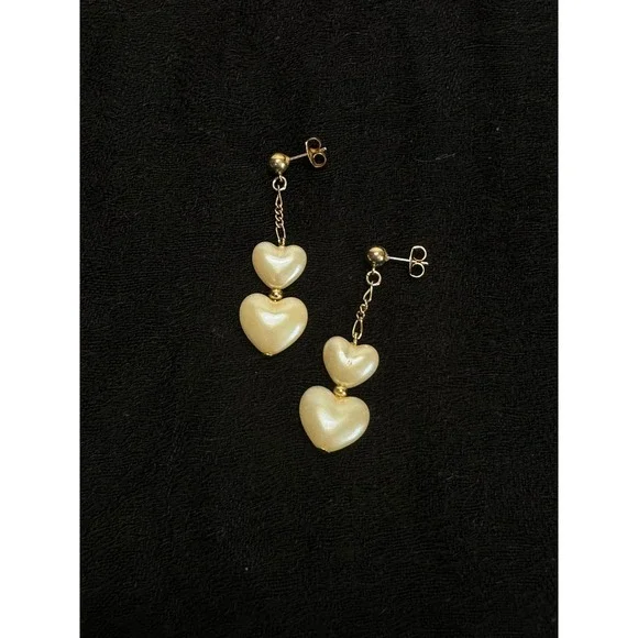 Vintage Heart Pearl Drop Earrings Cream Gold  Tone Tiered Dangle