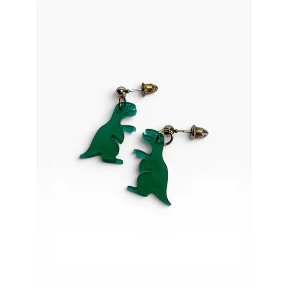 Novelty Dinosaur Drop Earrings Gold Tone w/Green Acrylic T-Rex Quirky Fun