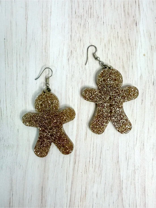 Gold Glitter Gingerbread Man Dangle Earrings