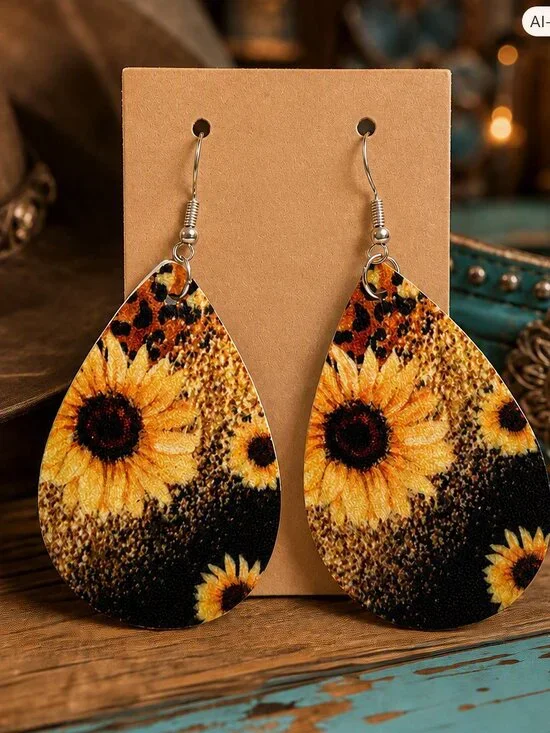 Sunflower Print with Leopard Accent Earrings NWT