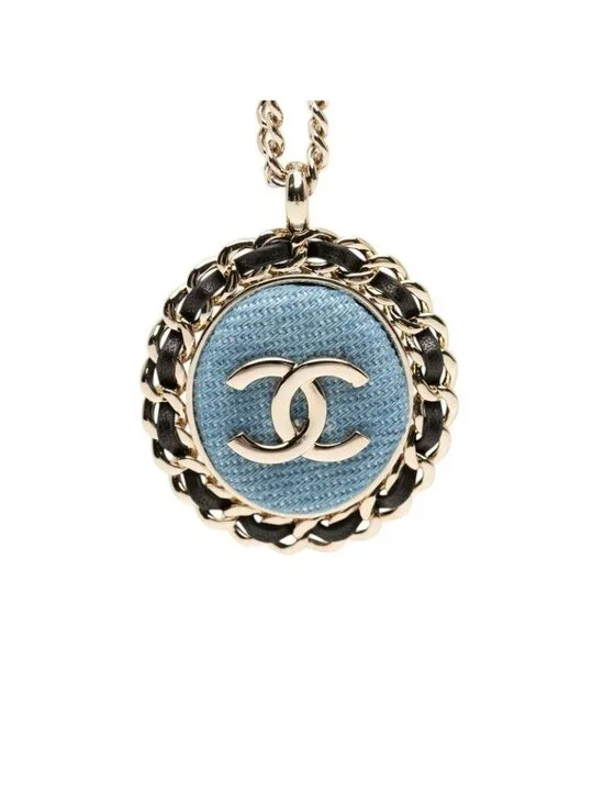 Chanel CC Logo Chain Necklace Gold Blue Black Plated Leather Denim